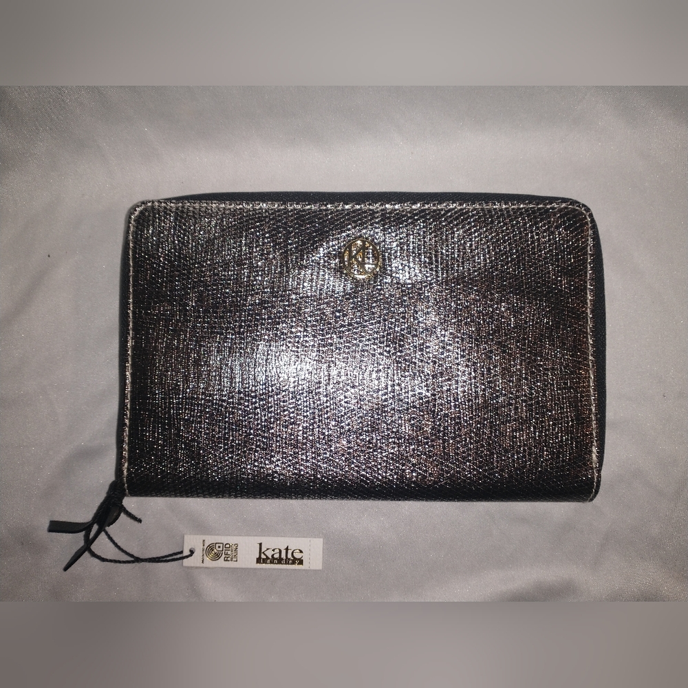 NWT Kate Landry Women's Full Zip Faux Leather Vegan Clutch RFID Lining Silver